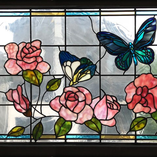 ステンドグラス　バラと蝶々② インテリア、ステンドグラス、家族への思い、薔薇と蝶々 その他