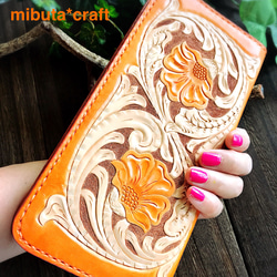 Happy flowers carving long wallet orange  Sale 3枚目の画像