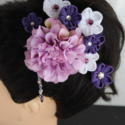 藤色ダリアとつまみ細工のコラボ 4点セット その他ヘアアクセサリー  