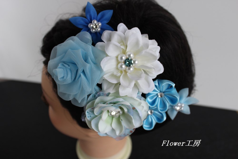 新色・ブルー×白の花たち　髪飾り　　5点セット