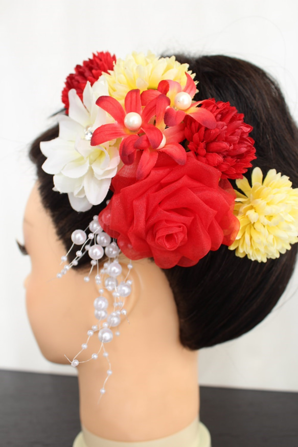 オーガンジーバラ（赤）と菊の髪飾り　4点セット 2枚目の画像