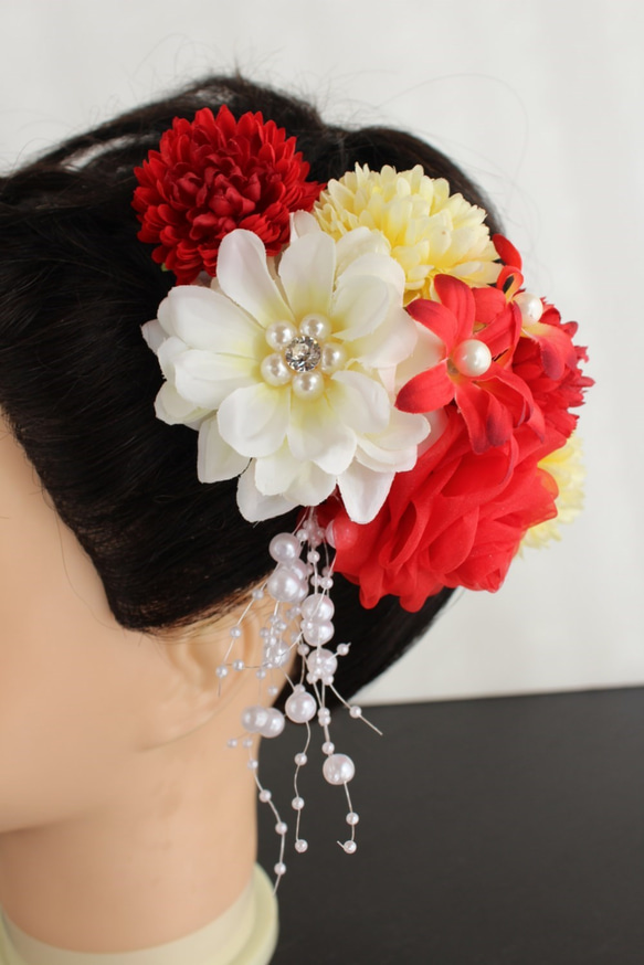 オーガンジーバラ（赤）と菊の髪飾り　4点セット 3枚目の画像