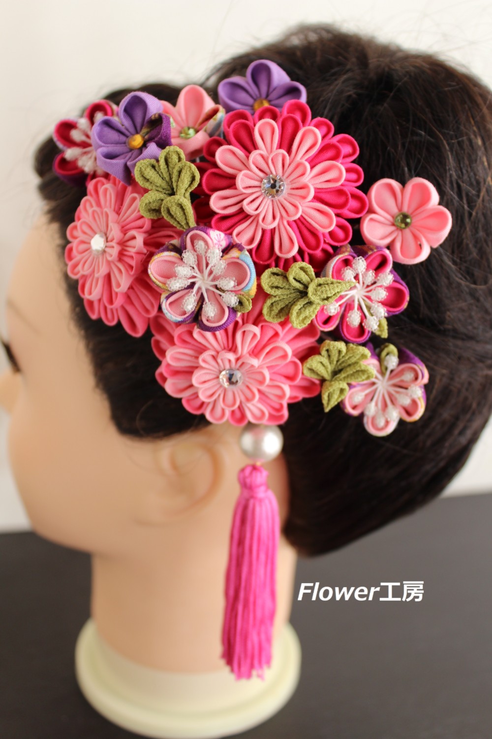 再販　桃・牡丹色の花たち　つまみ細工　6点セット（コットンパール・タッセル）