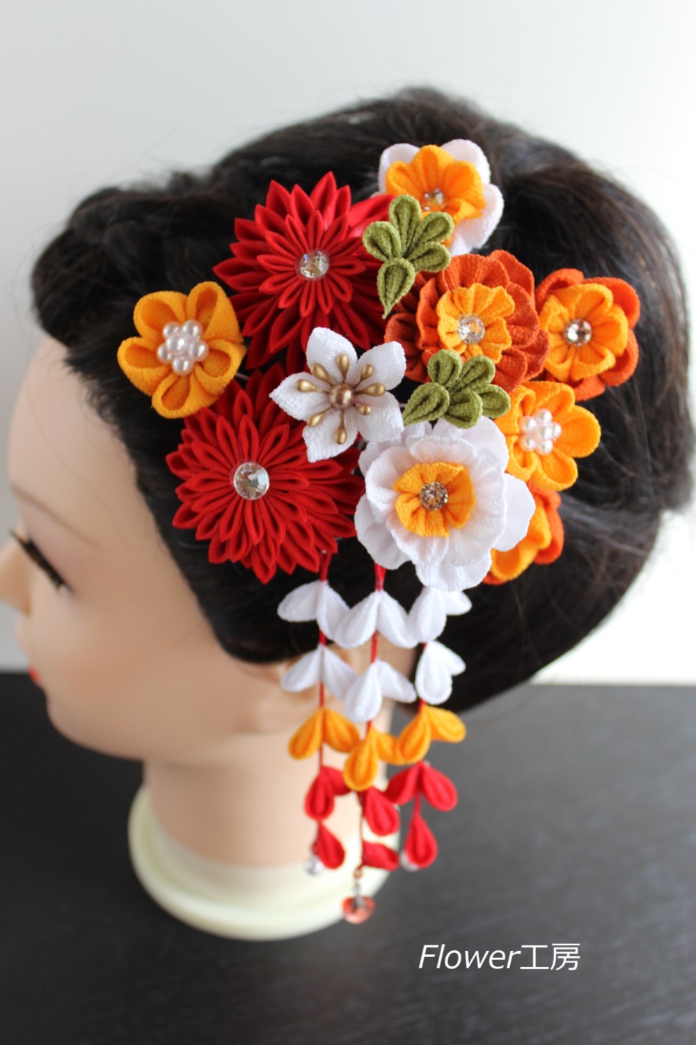 万寿菊とアネモネのつまみかんざし　布下がりタイプ　4点セット