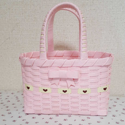 お洒落moriガールのピンクローズ刺繍レース付きカジュアルプチ編みかご