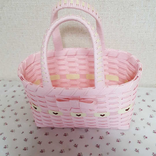 エコクラフト ちかこ様専用ピンク色の家型カゴ かご 大小2点 エコ