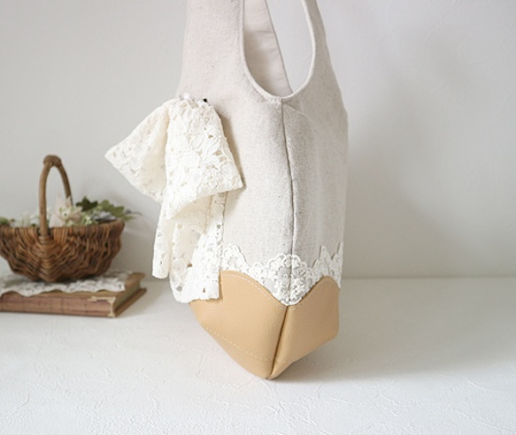 Cotton Linen & Leather granny bag 6枚目の画像