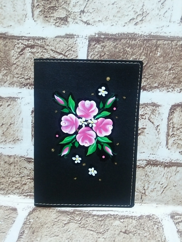 トールペイント☆バラ柄のお薬手帳カバー☆黒 その他ケース アクア  