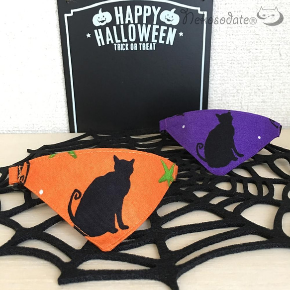 まじめな首輪【ハロウィンキャット柄オレンジ】目立つバンダナ風／猫にやさしい選べるアジャスター猫首輪 安全首輪 子猫 成猫 6枚目の画像