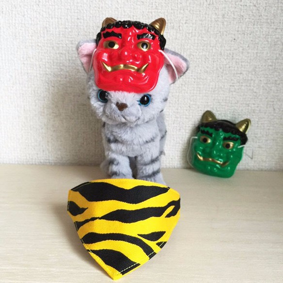 赤鬼のミニお面つき】トラ柄イエロー・猫用バンダナ風首輪/子猫 赤鬼のミニお面つき】トラ柄イエロー・猫用バンダナ風首輪/子猫