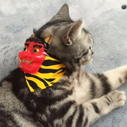 [Akaoni 迷你面具] 老虎圖案黃色頭巾式項圈貓 / 小貓到成年貓 第2張的照片