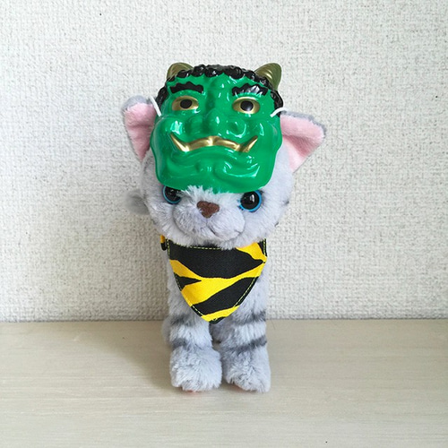 ☆【母ちゃん】虎柄　猫マスクノースリーブ2点　帽子2点☆ 青鬼のミニ面つき】トラ柄イエロー・猫用バンダナ風首輪（角カン