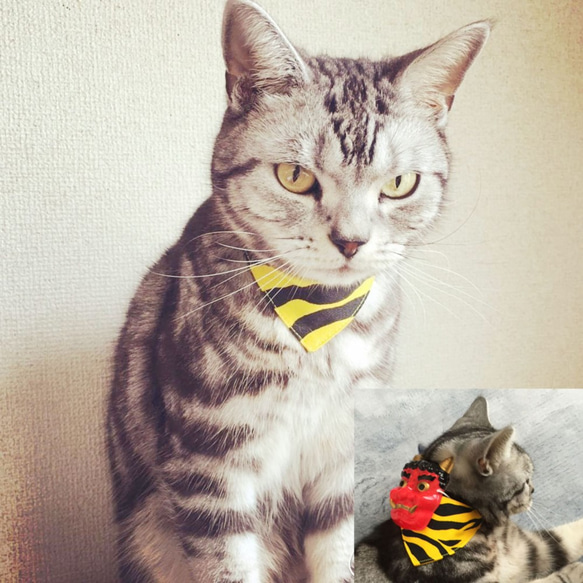 [Akaoni 迷你面具] 老虎圖案黃色/頭巾式貓安全項圈/可選安全扣貓項圈小貓到成年貓 第1張的照片