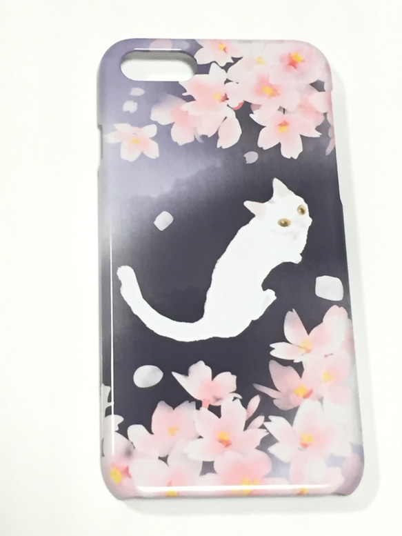 猫と桜のスマホケース　昼桜ver/夜桜ver　受注生産　各種機種対応　 2枚目の画像