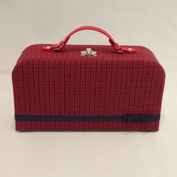 赤チェック★トランク型BOX（裁縫箱、お道具箱にも) 1枚目の画像