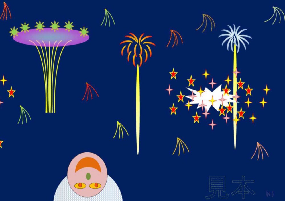 花火と、宇宙「オリジナルイラスト絵画」A4サイズ