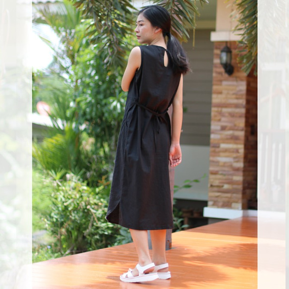 【ネット限定】　リネン＆コットン 裾がカーブになったノースリーブ ドレス ワンピース 半袖 麻 ブラック 3枚目の画像