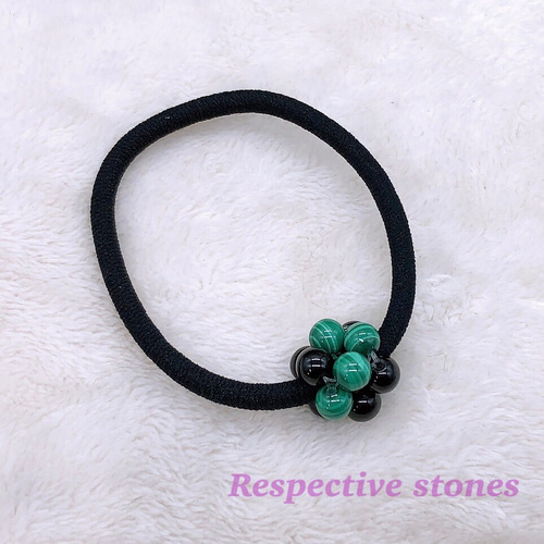 天然石のヘアゴム♪グリーン＆ブラック【邪気払い・ヒーリング