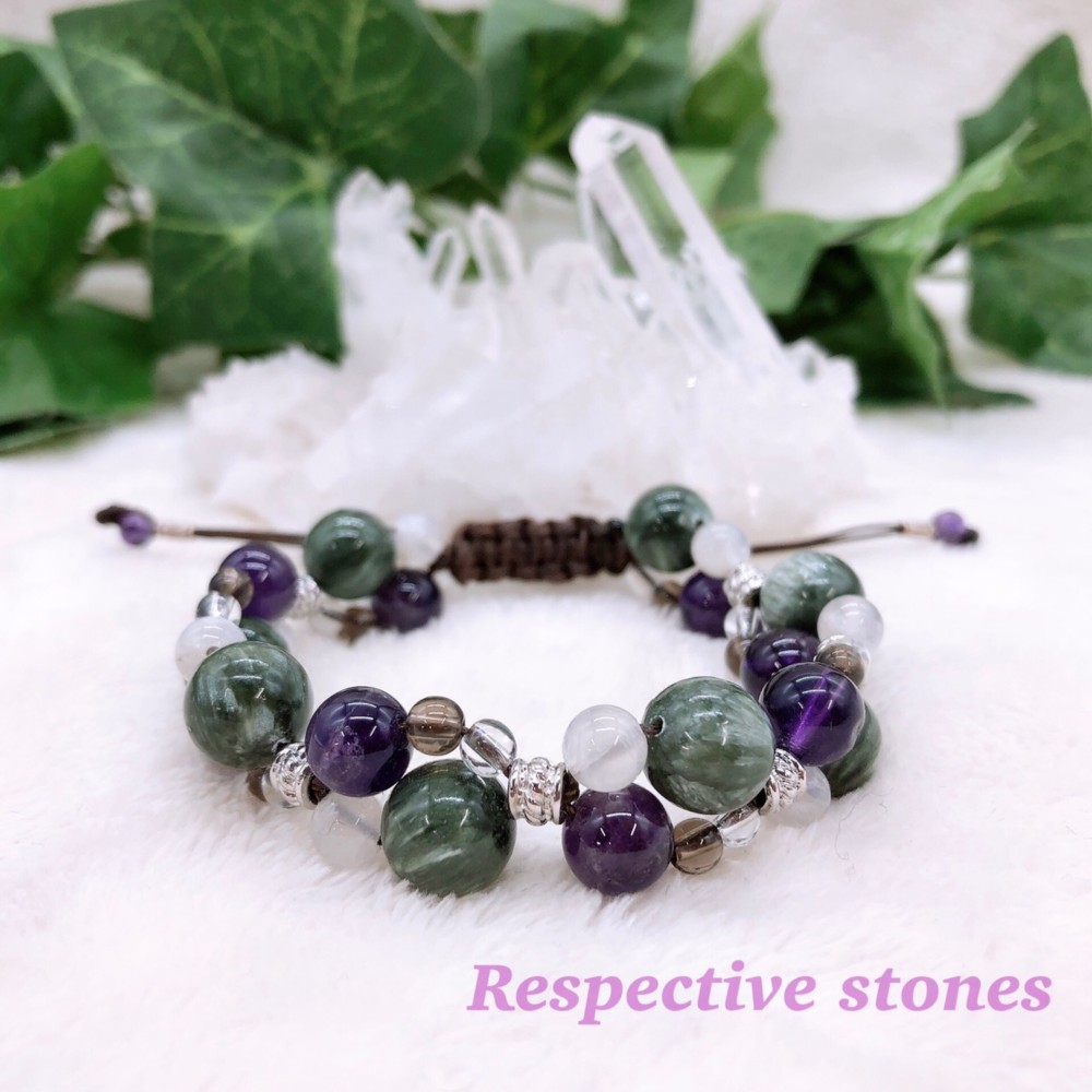 【ブレスレット】ひも編み♪きちんと休んで体のリズムを取り戻そう★(セラフィナイト他)天然石／wam-6