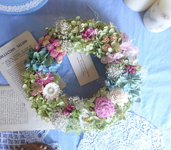 ―ボタニカルcake―ウェルカムリース   アナベルとピンクのお花畑リース 2枚目の画像