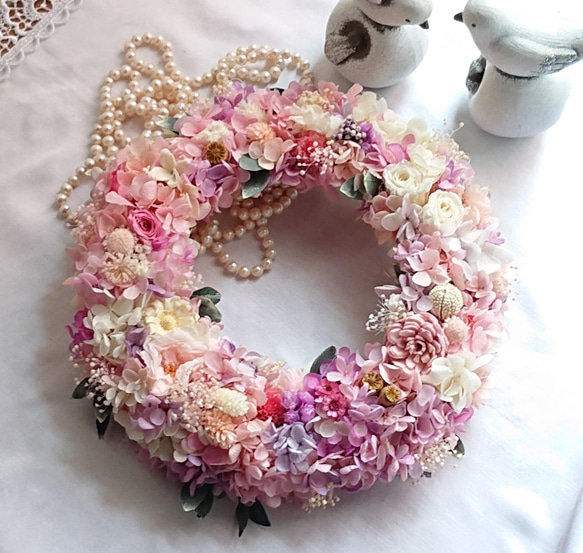 ―ボタニカルcake―薔薇と木の実のプリザリース   ピンク×パープル 2枚目の画像