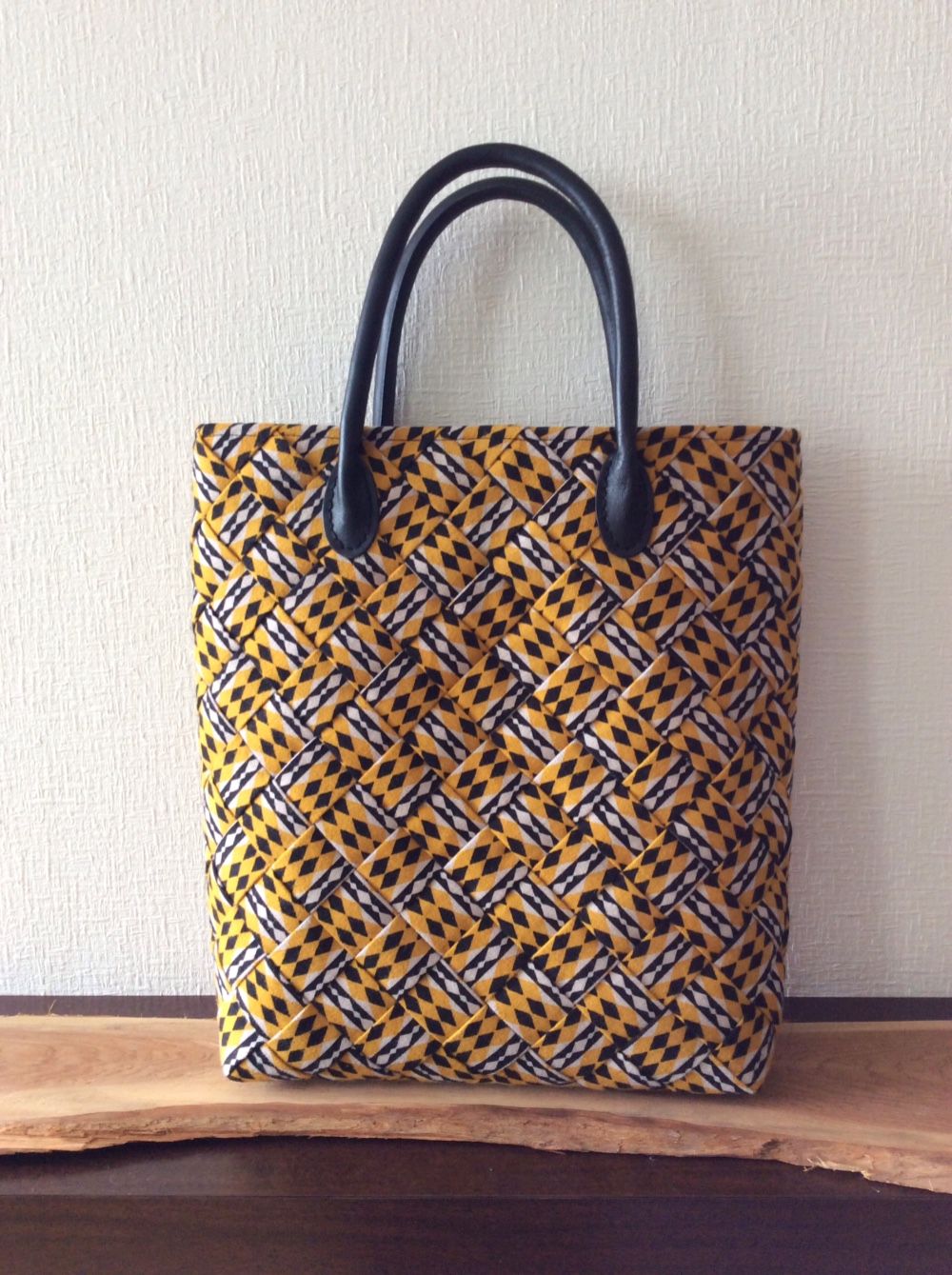 あじろ編みバッグ 黄色幾何学模様 L  国内送料無料