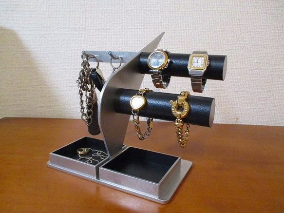クリスマスプレゼントに！時計スタンド　腕時計、キー、ダブルトレイスタンド　ブラック 1枚目の画像