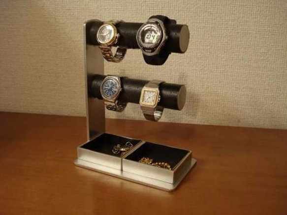 バレンタインデー　丸パイプ2段でかいトレイ4〜6本掛けブラック腕時計スタンド 　ak-design 1枚目の画像