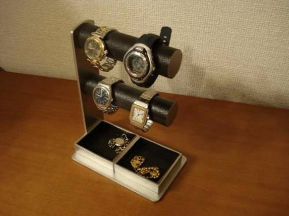 バレンタインデー　丸パイプ2段でかいトレイ4〜6本掛けブラック腕時計スタンド 　ak-design 4枚目の画像