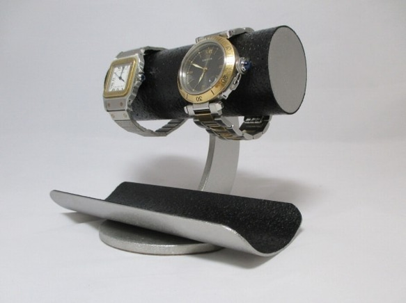 父の日　黒2本掛けロングトレイ丸パイプ腕時計スタンド　ブラック　ak-design　N161203 1枚目の画像