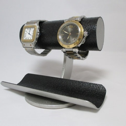 父の日　黒2本掛けロングトレイ丸パイプ腕時計スタンド　ブラック　ak-design　N161203 5枚目の画像