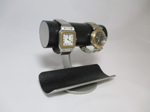 誕生日プレゼント　黒2本掛けロングトレイ丸パイプ腕時計スタンド　ブラック　ak-design　N161203 6枚目の画像