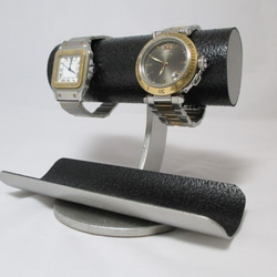 誕生日プレゼント　黒2本掛けロングトレイ丸パイプ腕時計スタンド　ブラック　ak-design　N161203 7枚目の画像