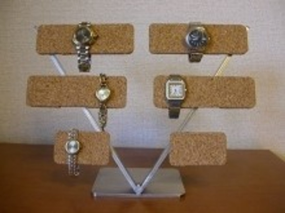 時計スタンド　10本掛けV支柱腕時計スタンド　コルク仕上げ 1枚目の画像