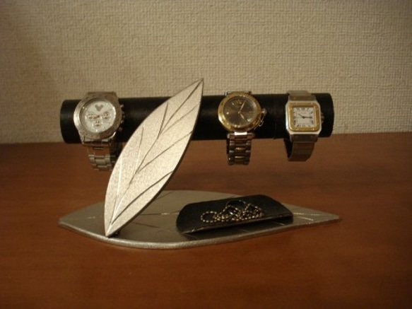 腕時計スタンド　ダブルリーフトレイ付き時計インテリア収納スタンド　ブラック　No.130126 1枚目の画像