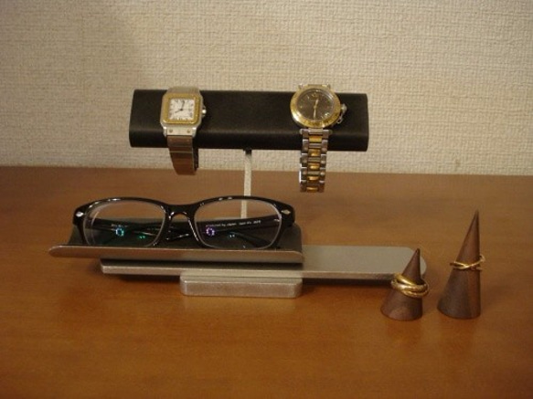 ブラック2本掛け腕時計、ダブルリング、メガネスタンド　★リングスタンド未固定 4枚目の画像