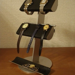 ブラック革バンド＆メタルバンド4本掛けトレイ付き腕時計スタンド　AKデザイン 1枚目の画像