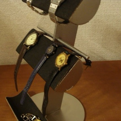 ブラック革バンド＆メタルバンド4本掛けトレイ付き腕時計スタンド　AKデザイン 3枚目の画像
