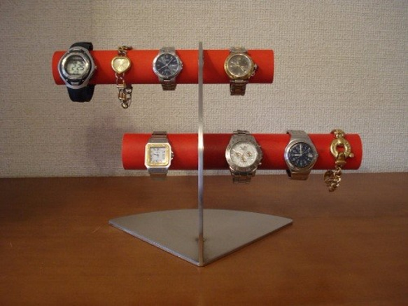 レッド　6本掛けデザイン腕時計スタンド★太めパイプ 1枚目の画像
