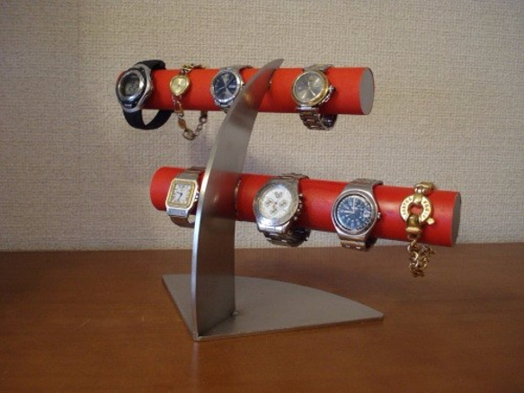 レッド　6本掛けデザイン腕時計スタンド★太めパイプ 2枚目の画像