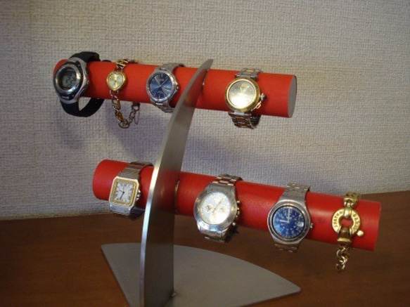 レッド　6本掛けデザイン腕時計スタンド★太めパイプ 5枚目の画像