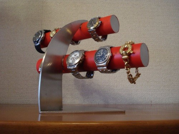 レッド　6本掛けデザイン腕時計スタンド★太めパイプ 9枚目の画像