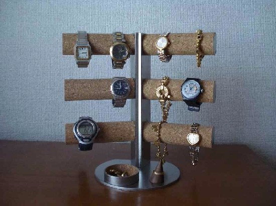 腕時計スタンド　12本掛け角度付き　木製リングスタンド丸トレイ