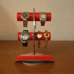 誕生日プレゼントに！レッド4本掛け丸パイプ飛び出す★トレイ三日月腕時計スタンド　ak-design 2枚目の画像