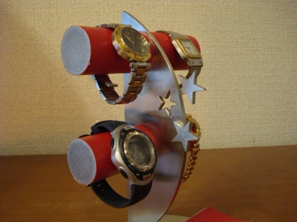 誕生日プレゼントに！レッド4本掛け丸パイプ飛び出す★トレイ三日月腕時計スタンド　ak-design 8枚目の画像