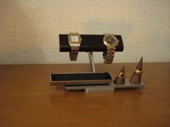 プレゼント♪ブラック腕時計、リング、小物入れ付きアクセサリースタンド　リングスタンド固定、トレイ端蓋あり 　受注販売 7枚目の画像