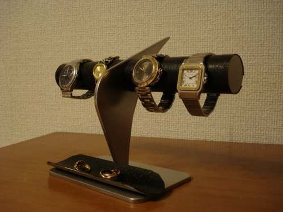 ブラックコルク4本掛けデザイン腕時計スタンド ロングトレイ 1枚目の画像