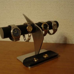 ブラックコルク4本掛けデザイン腕時計スタンド ロングトレイ 2枚目の画像
