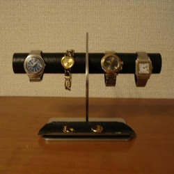 ブラックコルク4本掛けデザイン腕時計スタンド ロングトレイ 3枚目の画像