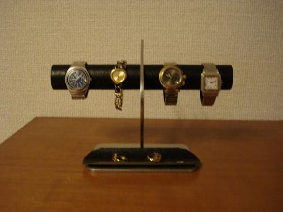 ブラックコルク4本掛けデザイン腕時計スタンド ロングトレイ 3枚目の画像